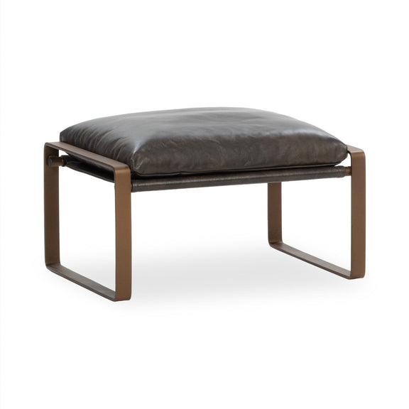 Square ottoman with dark gray upholstered top and dark brown wooden legs