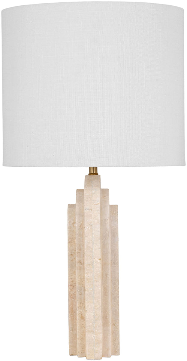 Table lamp with white fabric shade and beige textured stone stacked base