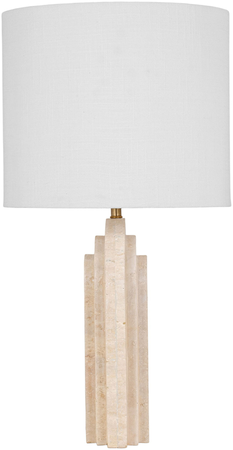 Table lamp with white fabric shade and beige textured stone stacked base