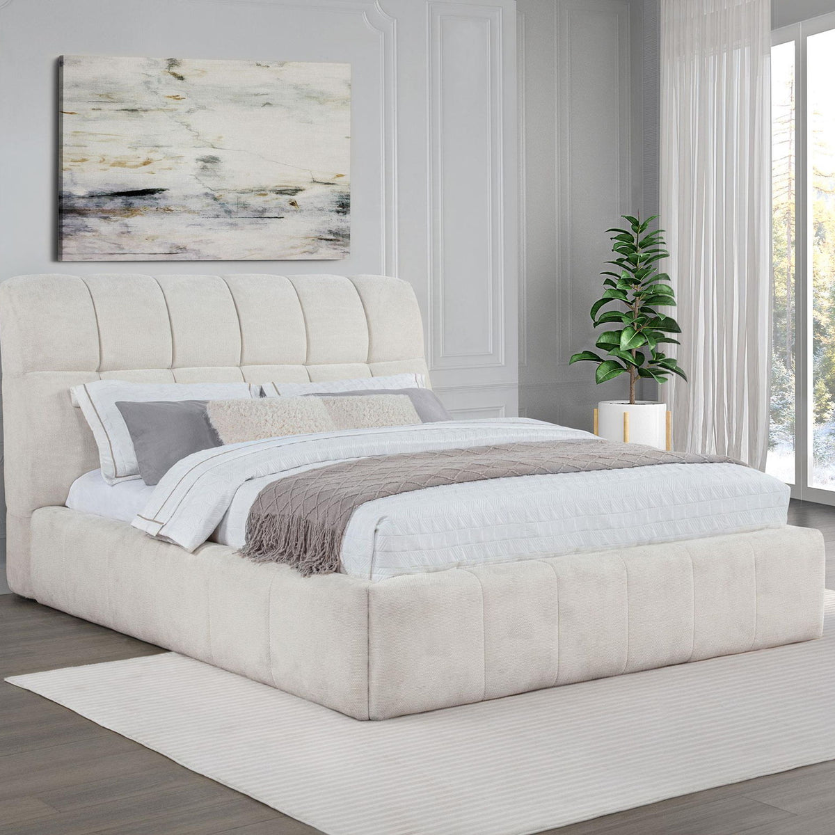Nollet 48-inch Upholstered Queen Panel Platform Bed Cream