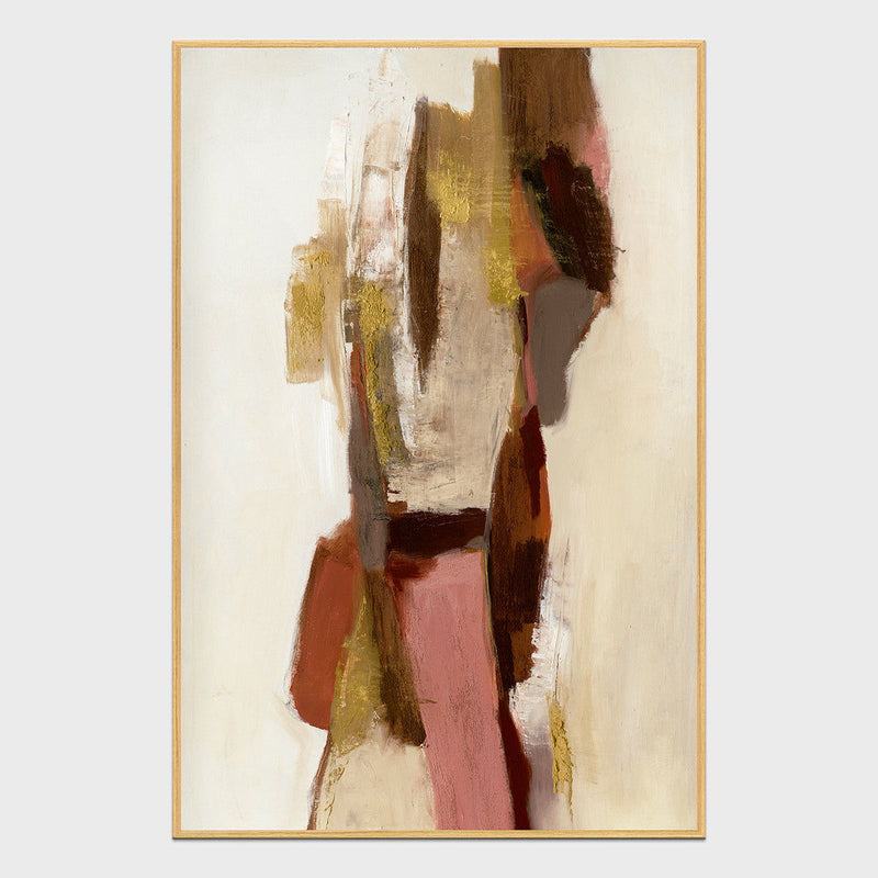 Abstract wall painting in pink, beige, and brown with light wood frame