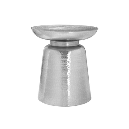 Gray hammered accent side table with textured round top and tapered pedestal base