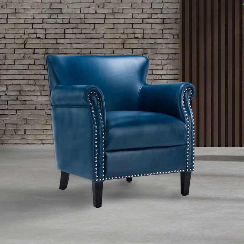 Blue club chair with studded nailhead trim on arms and front panel, dark legs