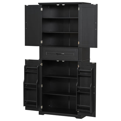 Black bathroom storage cabinet with doors, drawers, and adjustable shelving