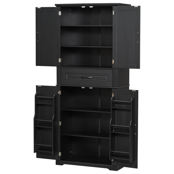 Black bathroom storage cabinet with doors, drawers, and adjustable shelving