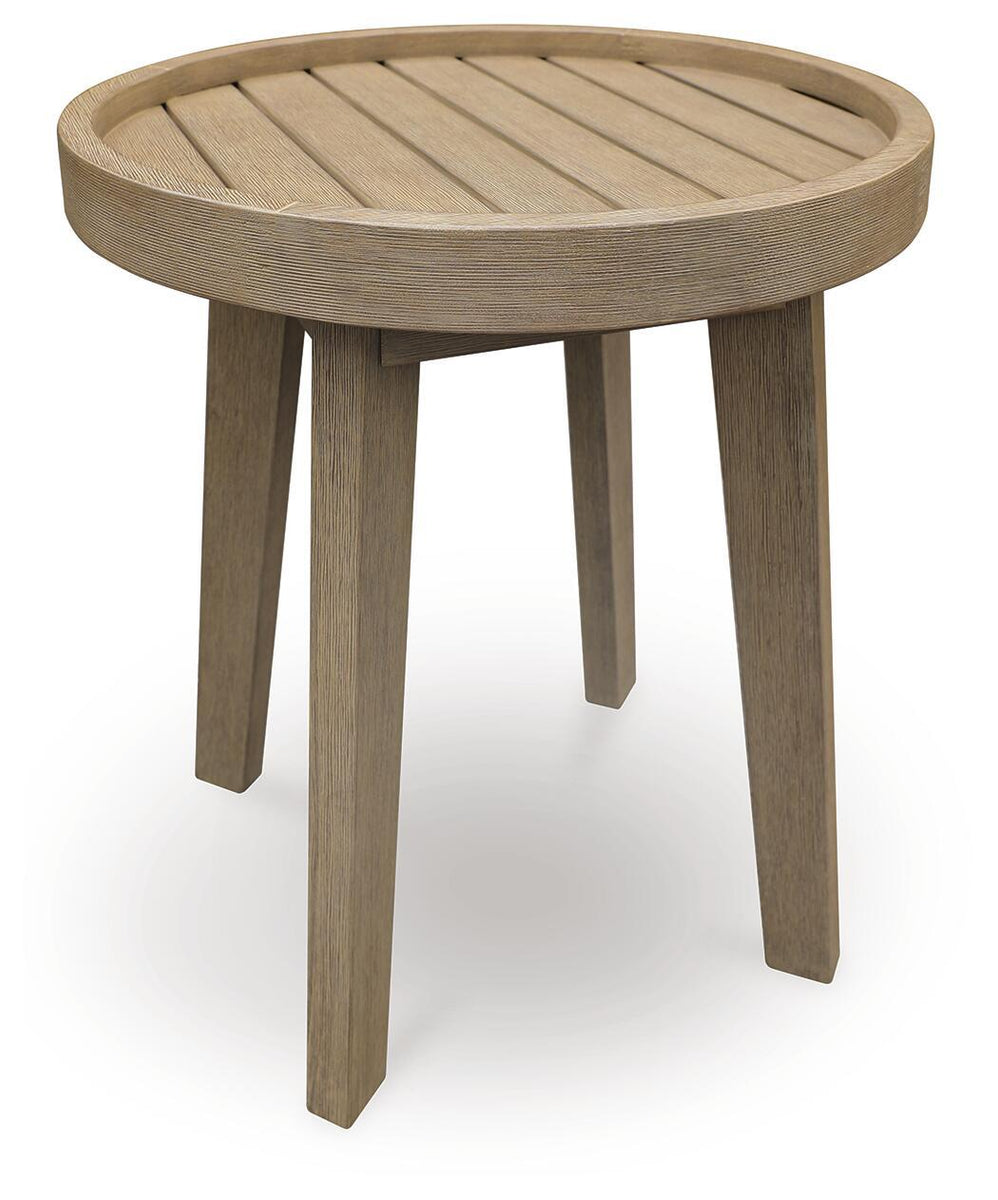 Beige round end table with slatted tabletop and tapered wooden legs