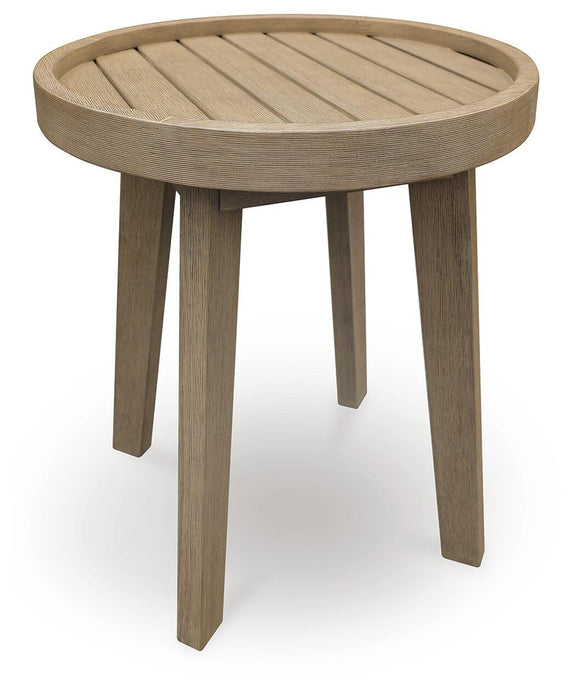 Beige round end table with slatted tabletop and tapered wooden legs