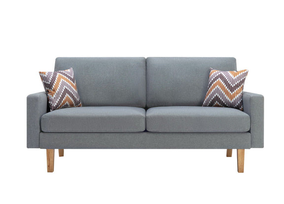 Dark gray 2-seat sofa with two zigzag patterned throw pillows and square arms