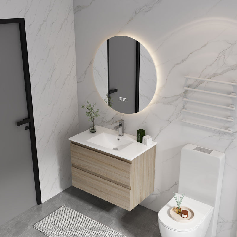 Wall mounted bathroom vanity with white sink and two soft-close drawers, light wood finish