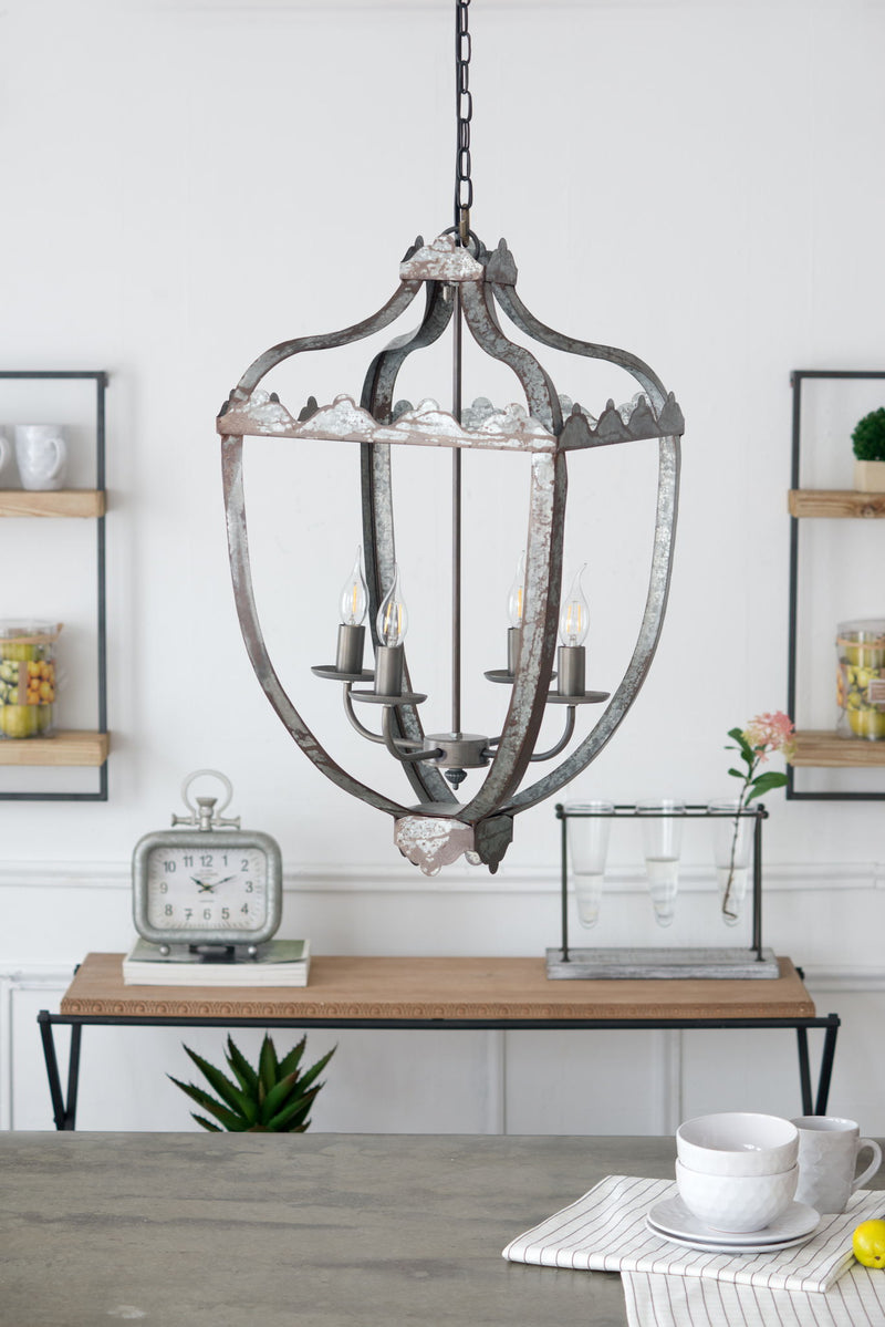 Gray 4-light hanging chandelier with clear glass panels, arched metal frame, adjustable chain.