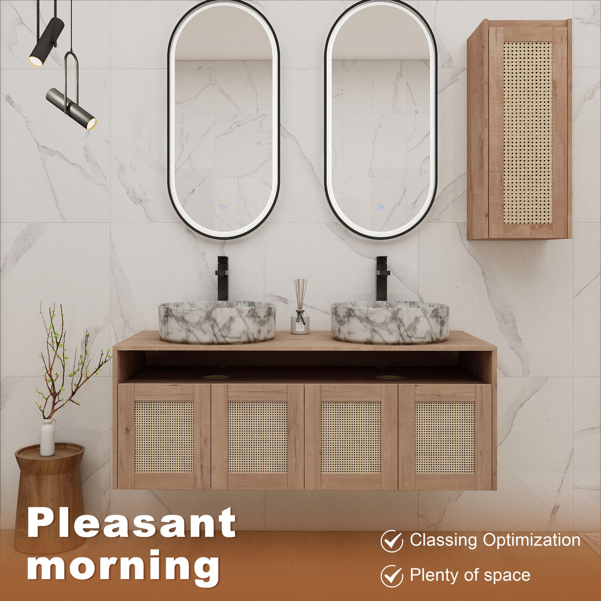 Bathroom vanity with two oval stone sinks, wood frame, and mesh cabinet doors, with wall cabinet