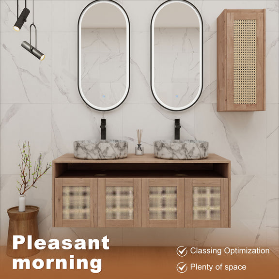 Bathroom vanity with two oval stone sinks, wood frame, and mesh cabinet doors, with wall cabinet
