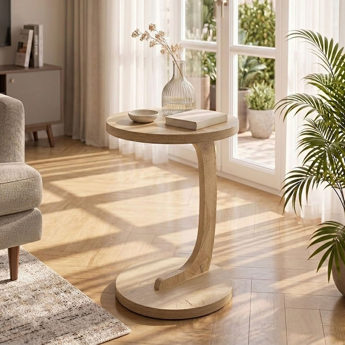 Light brown round end table with pedestal base and lower shelf