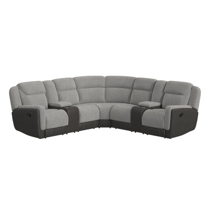 Gray U-shaped sectional sofa with console and chaise corner with padded arm recliners