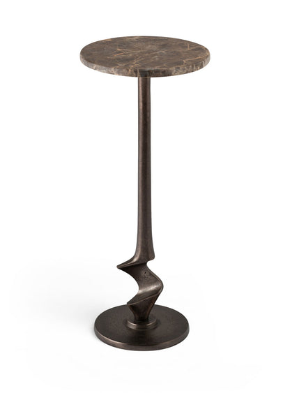 Round aluminum end table with dark brown marbled top and dark bronze twisted pedestal base