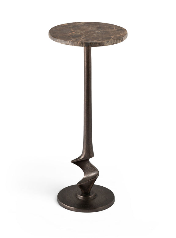Round aluminum end table with dark brown marbled top and dark bronze twisted pedestal base