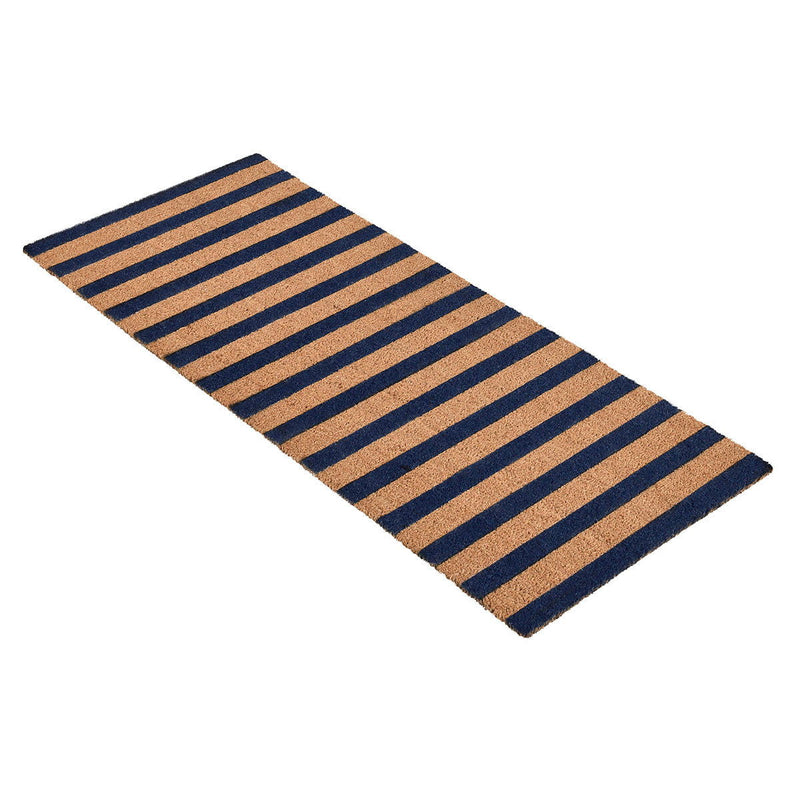 Striped doormat with navy and tan vertical stripes, rectangular, angled view.