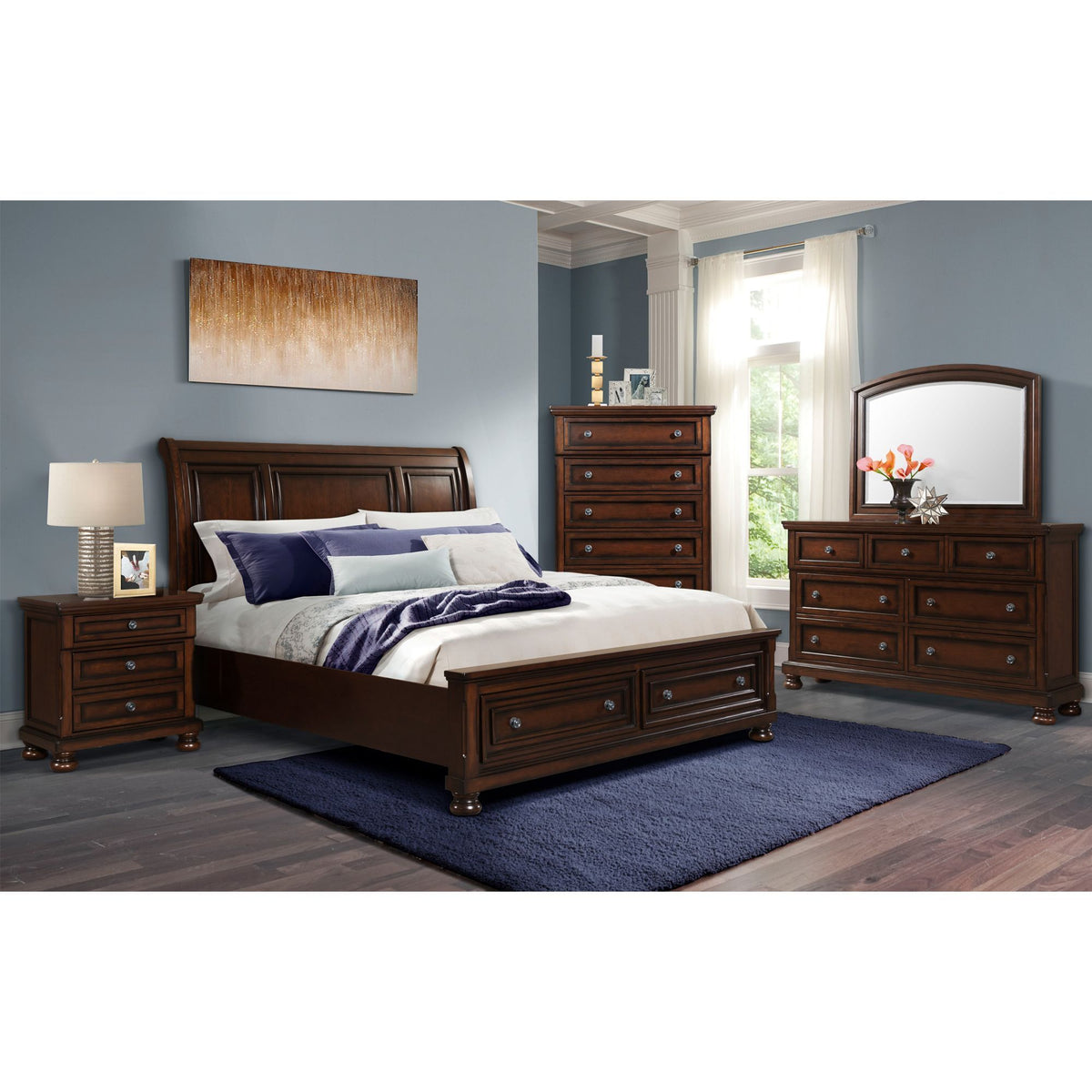 Dark brown wooden chest of drawers with multiple drawers and rounded knobs