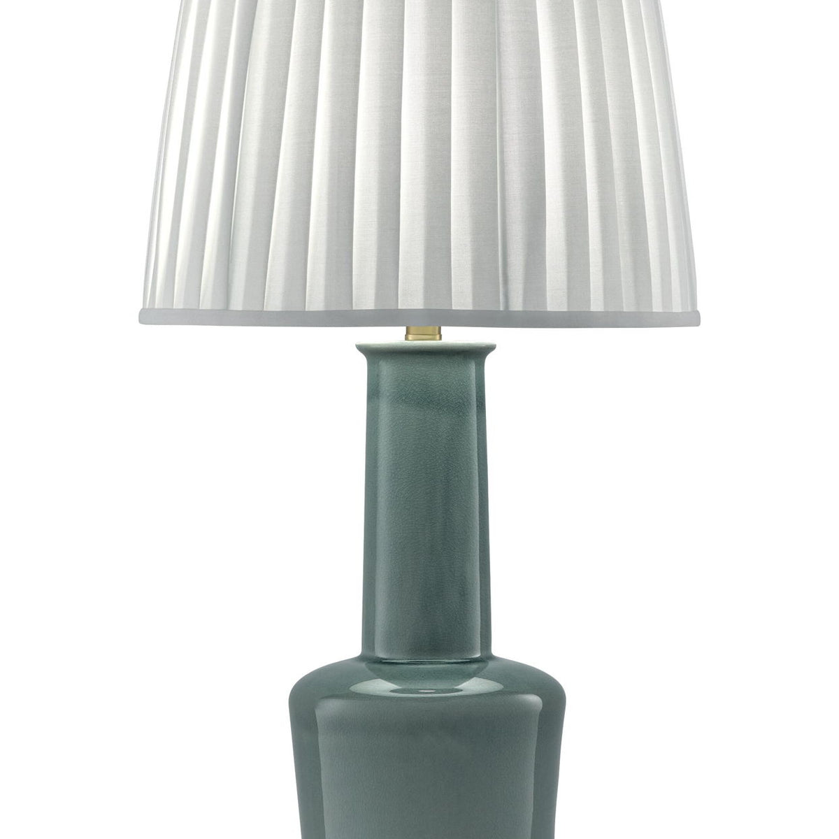 Teal ceramic table lamp with pleated white shade and gold base