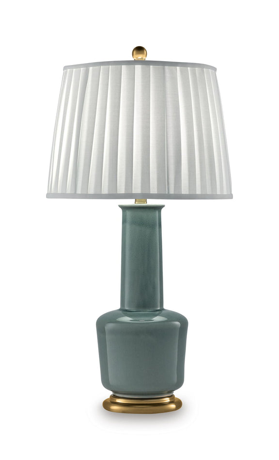 Teal ceramic table lamp with pleated white shade and gold base
