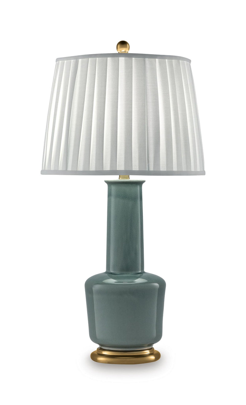 Teal ceramic table lamp with pleated white shade and gold base