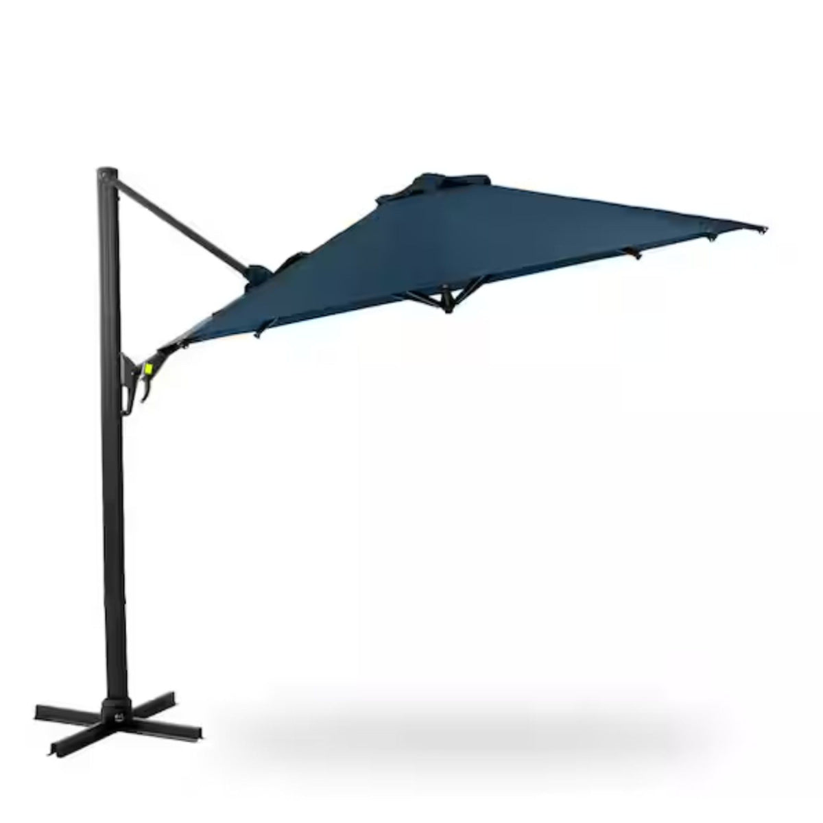 Dark blue cantilever patio umbrella with open round canopy and offset base