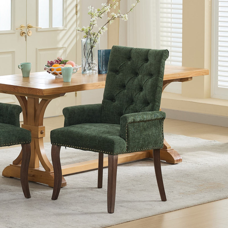 Upholstered Chenille Fabric Accent Dining Chair, Curved Solid Wood Legs, Elegant Tufted Club Dining Room Kitchen Room Arm Dining Chair, Single Pack,Olive Green,SW1895OL