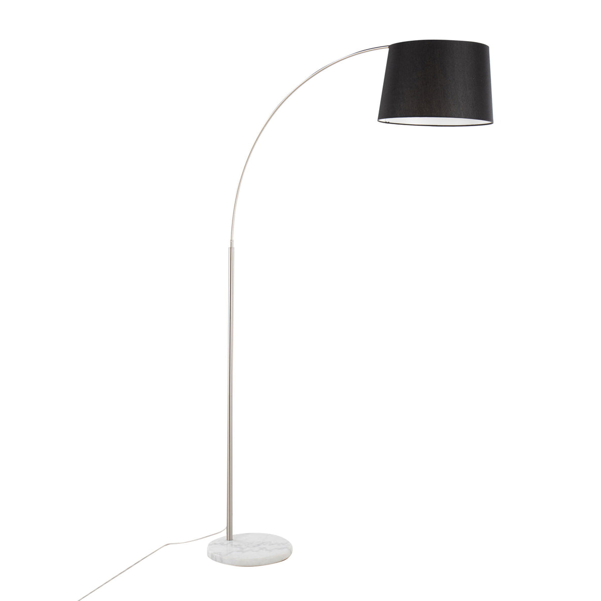 Black fabric shade floor lamp with arched metal stem and round stone base