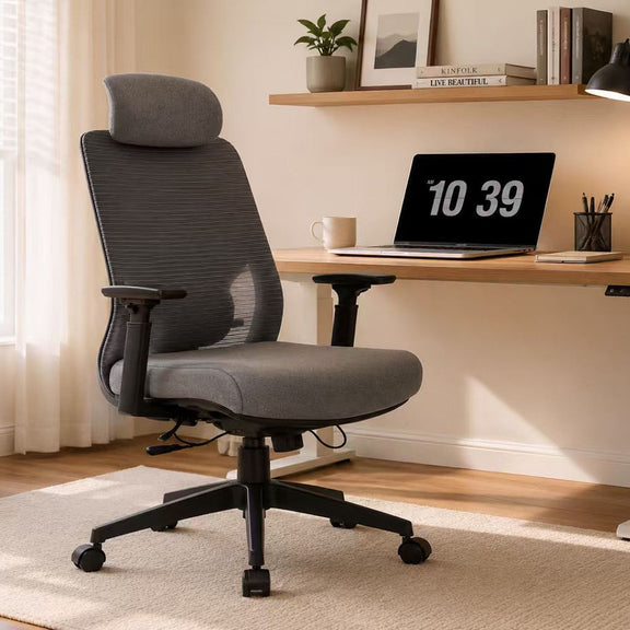 Gray ergonomic office chair with high back, padded headrest, and swivel base