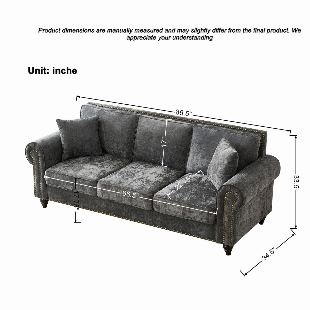 Dark gray tufted 3-seater sofa with rolled arms and studded trim