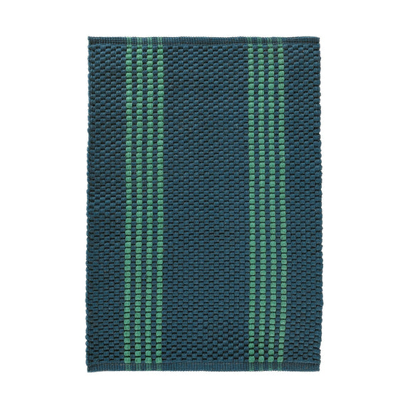 Compact rectangular deep blue woven rug with green vertical stripe panel and stitched edge.