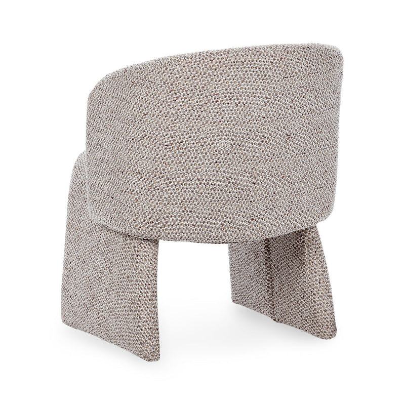 Upholstered dining chair in speckled beige fabric, front three-quarter angle