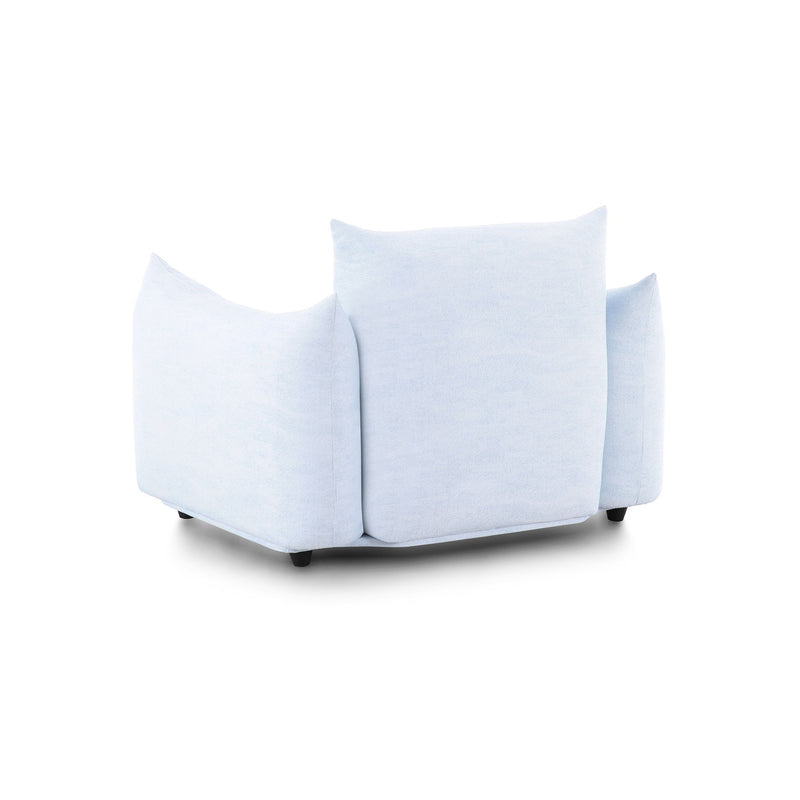 Light blue outdoor armchair with cushioned arms, seat cushion, and tall back pillow, black feet