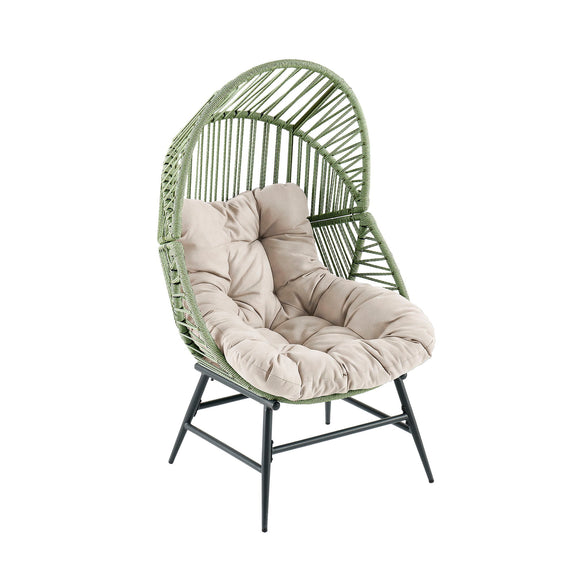 Green rattan lounge chair with beige padded cushion and black metal legs