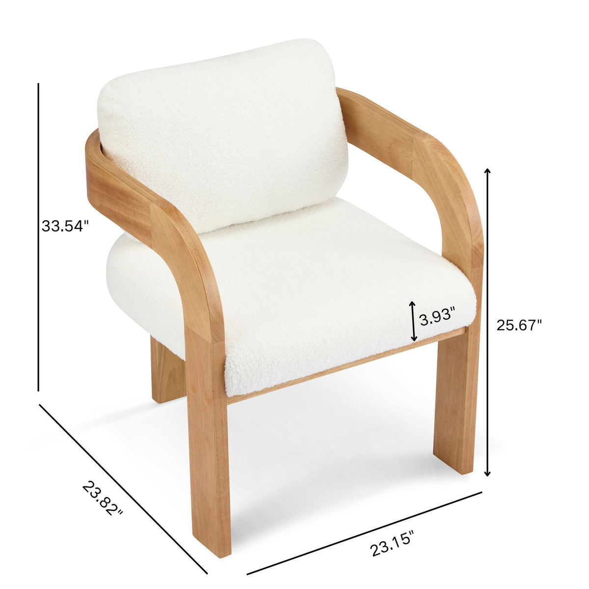 White upholstered dining chair with curved wood arms and dimensions shown