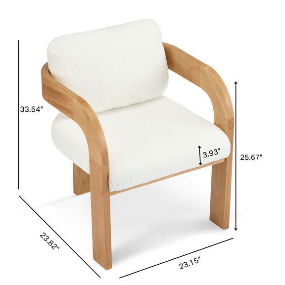 White upholstered dining chair with curved wood arms and dimensions shown