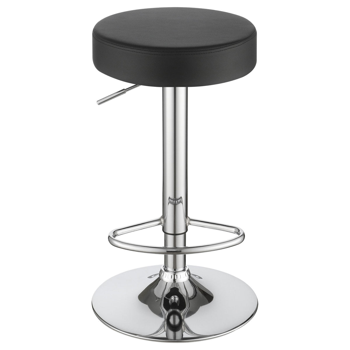 Black padded round bar stool seat with chrome hydraulic base and footrest ring.