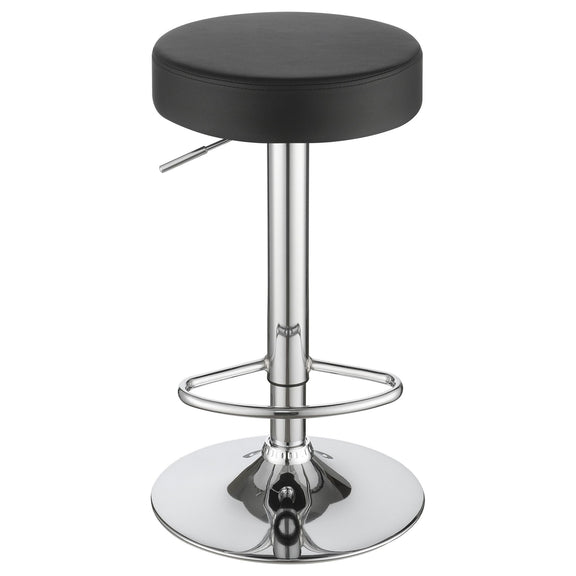 Black padded round bar stool seat with chrome hydraulic base and footrest ring.