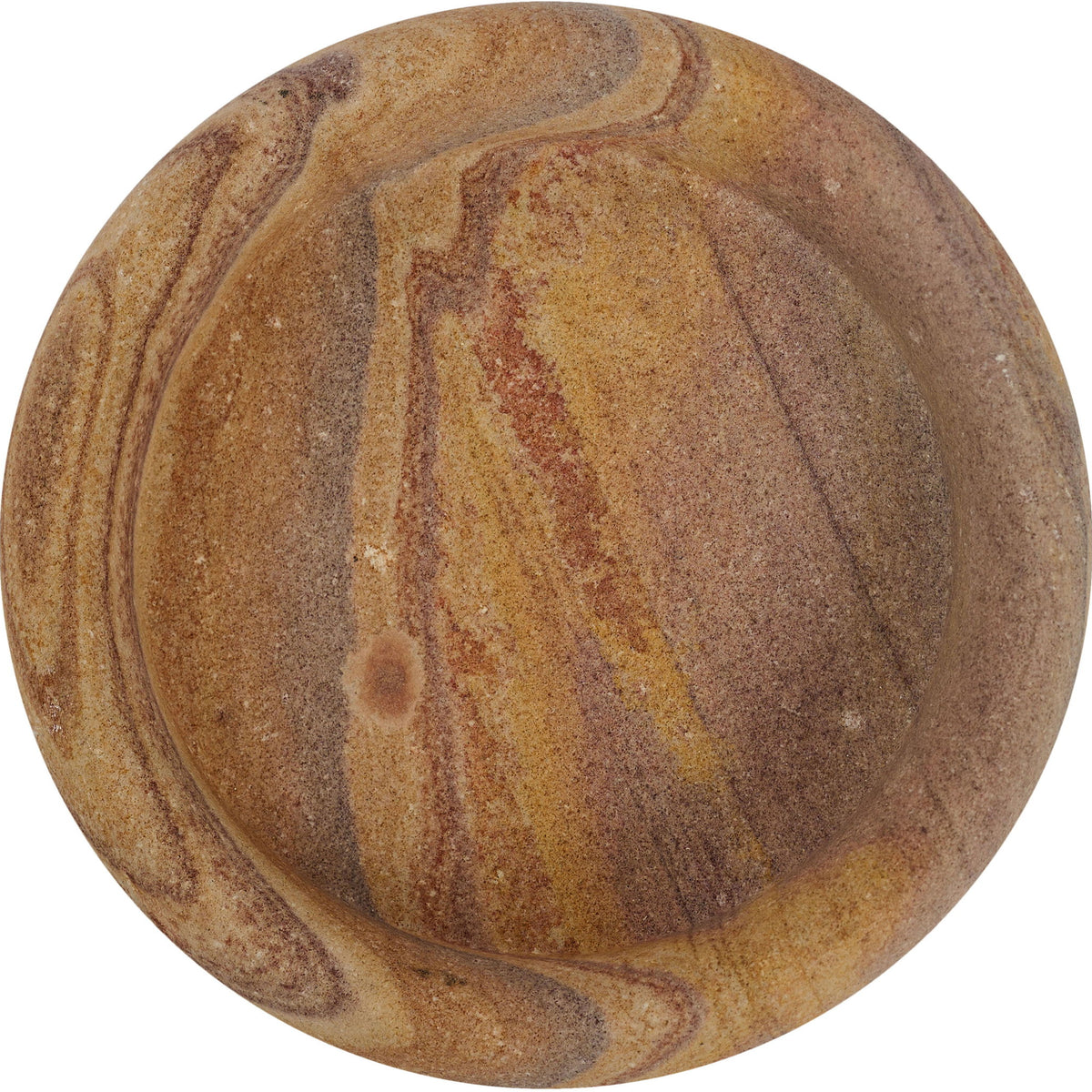 Round sandstone tray close-up with swirling tan, brown, and amber veining