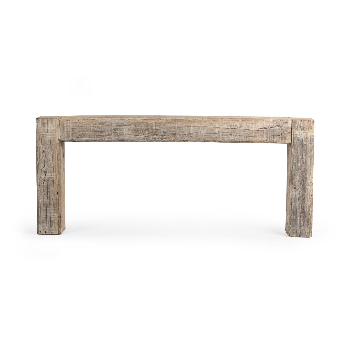 Weathered wood console table with wide top and blocky legs, minimalist design