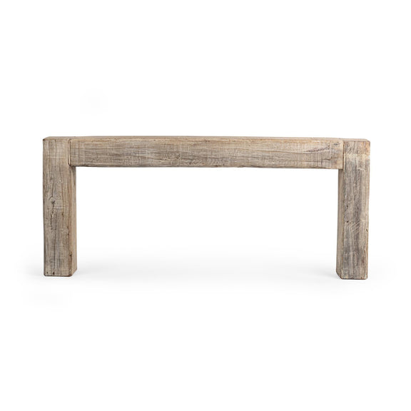 Weathered wood console table with wide top and blocky legs, minimalist design