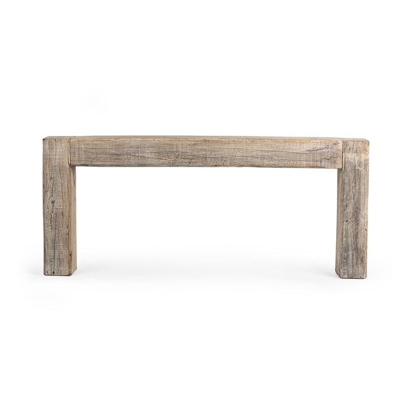 Weathered wood console table with wide top and blocky legs, minimalist design