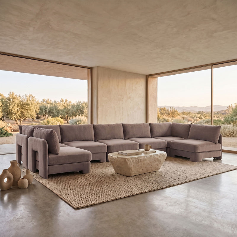 Medium gray velvet performance fabric U-shaped armless sectional with sofa chaise corners.