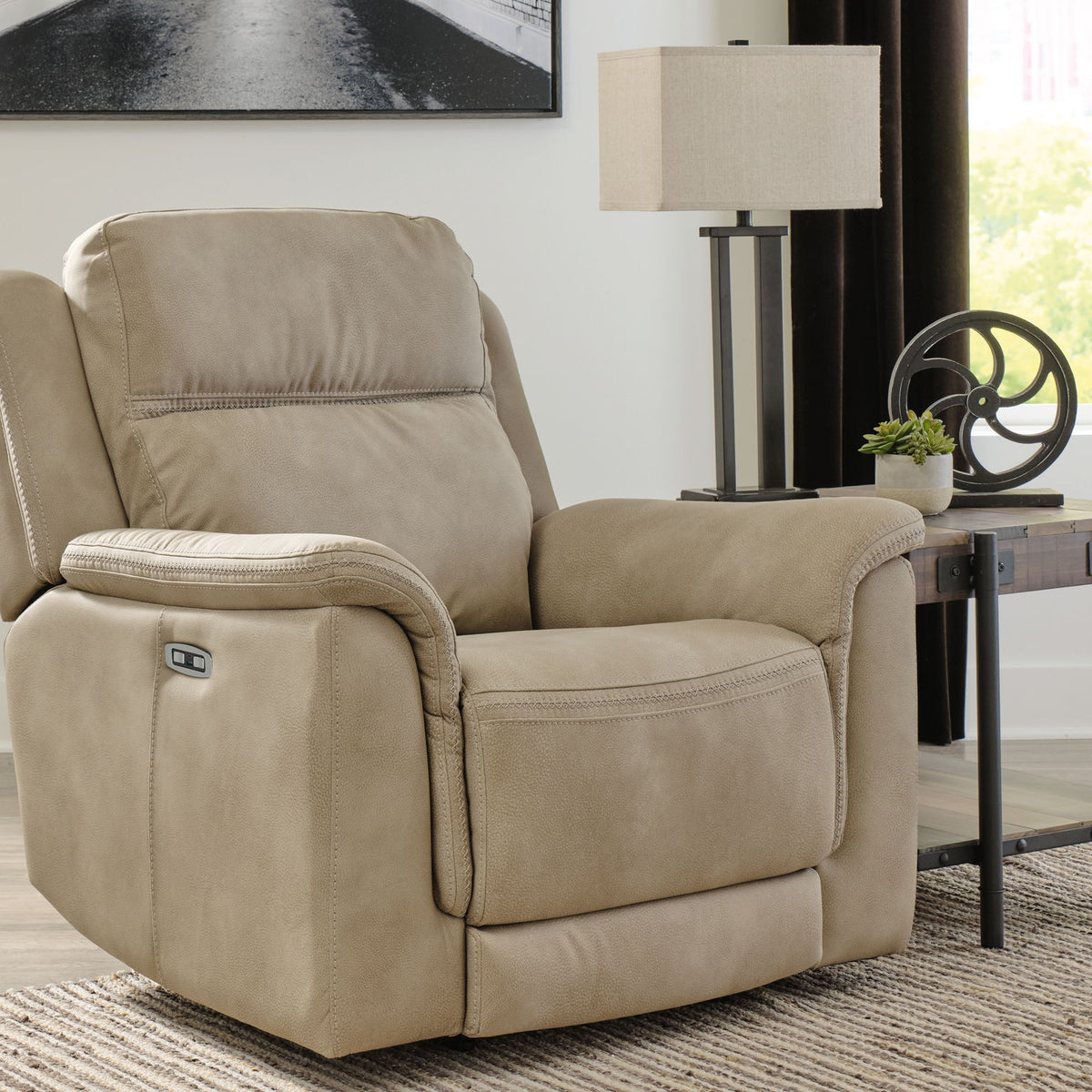 Next-Gen Durapella power recliner, beige fabric, side view with padded arm panels