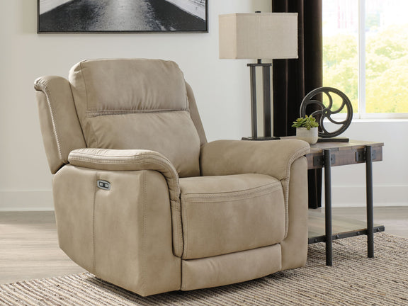 Next-Gen Durapella power recliner, beige fabric, side view with padded arm panels