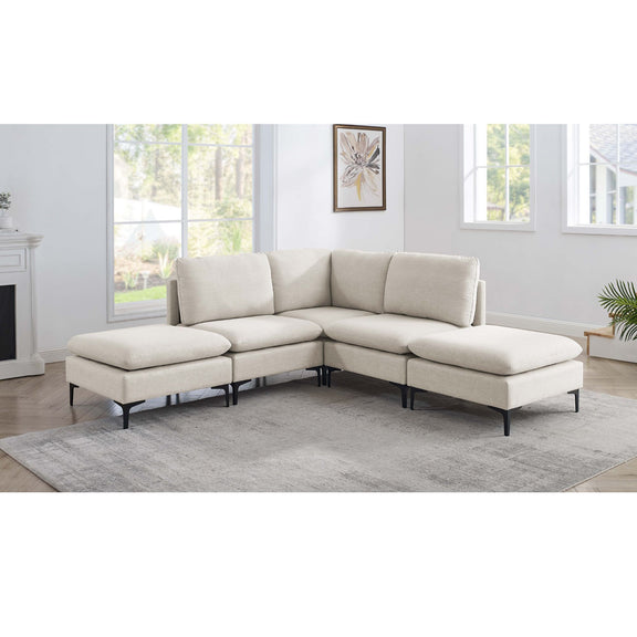 Beige modular sectional sofa with chaise and ottoman, tall legs, three back cushions
