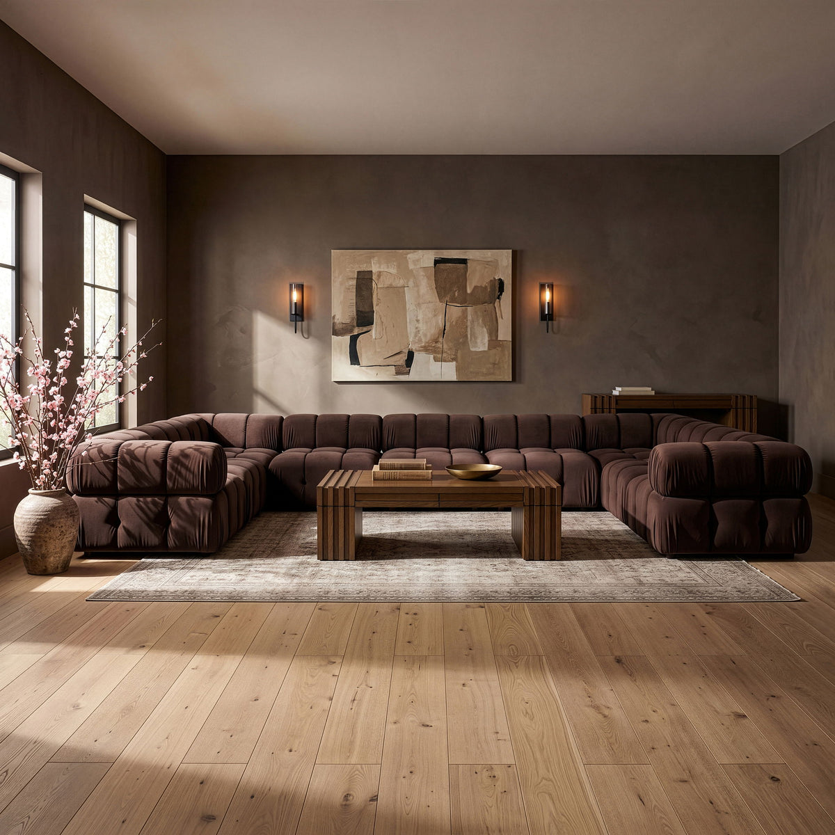 Dark red velvet sectional with tufted cushions and modular chaise and corner pieces