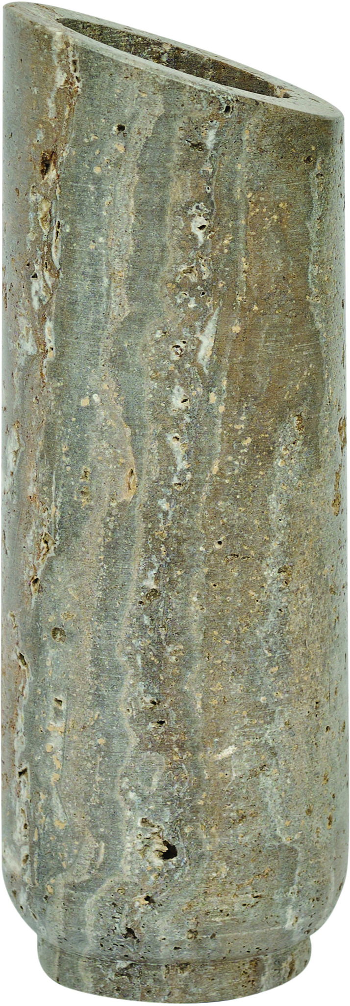 Green travertine vase with speckled surface and angled rim