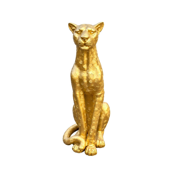 Gold leopard statue with spotted texture, seated upright with its tail curled around its paws