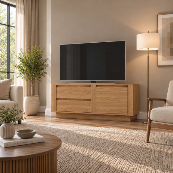 Wood-look TV stand with 1 door and 2 drawers, console cabinet under a flat-screen TV